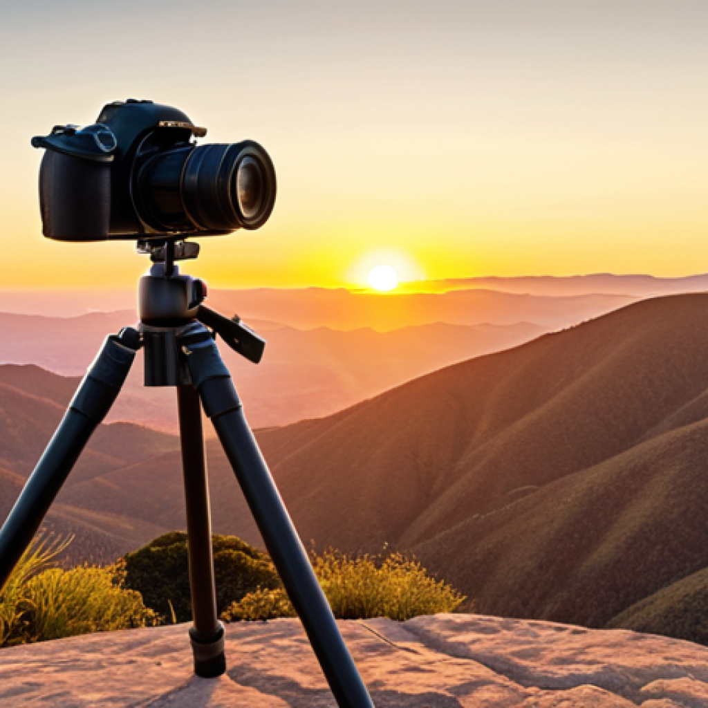 A scenic sunset point with a DSLR camera and tripod set up for capturing the breathtaking view, golden hour lighting, clear skies.
