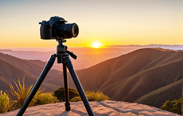 A scenic sunset point with a DSLR camera and tripod set up for capturing the breathtaking view, golden hour lighting, clear skies.