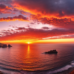 A panoramic view of Sunset Point at dusk, with the sky ablaze in fiery reds and oranges, reflecting on the tranquil ocean.