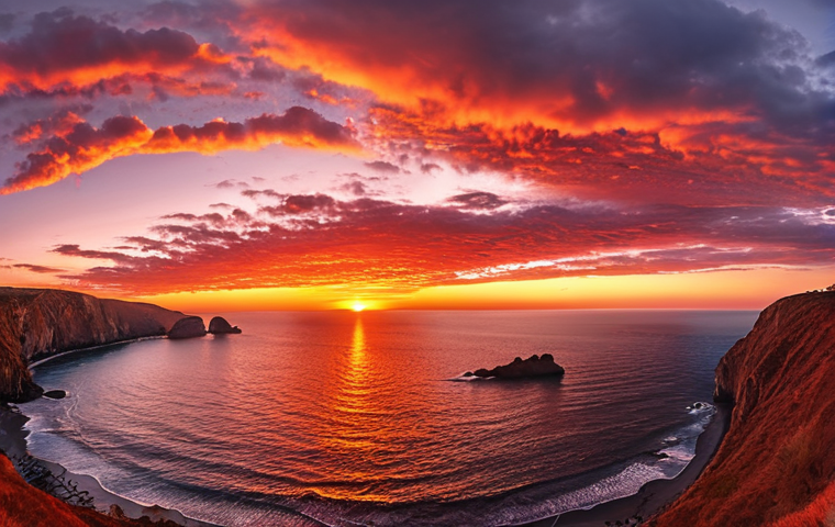 A panoramic view of Sunset Point at dusk, with the sky ablaze in fiery reds and oranges, reflecting on the tranquil ocean.